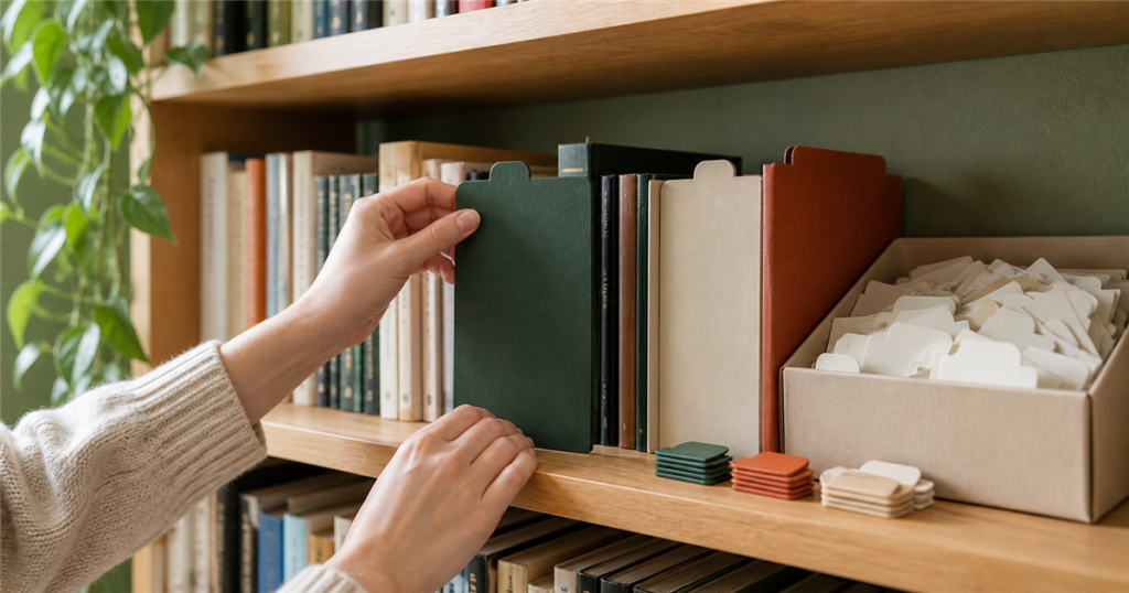 Hands organizing a bookshelf with a few category dividers and reusable topic markers