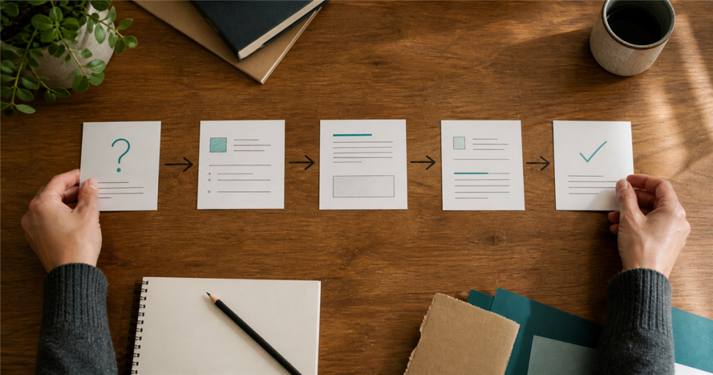 Writer arranging blog post section cards into a clear path from question to answer