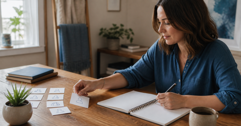 Blogger choosing one reader card before outlining a focused blog post