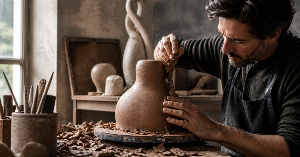 Sculptor removing excess clay while preserving the strong central form