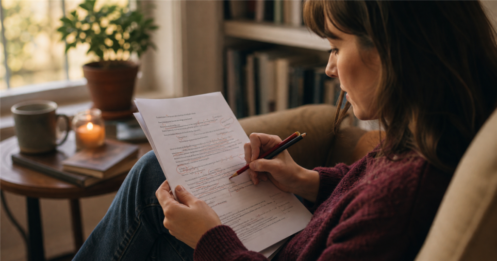 Writer editing a printed draft by hand while preserving the natural voice