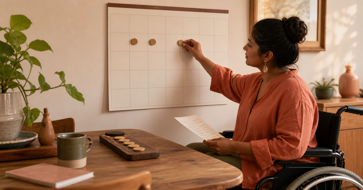 Blogger placing limited publishing tokens on a spacious work calendar