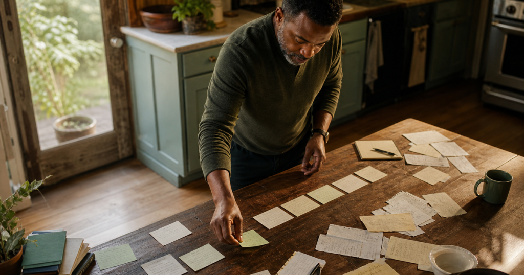 Writer arranging scattered notes into a clear blog post sequence