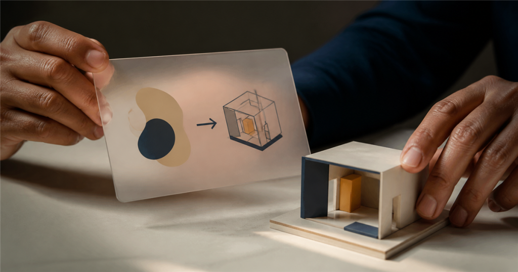 Hands connecting an abstract concept card to a concrete miniature example