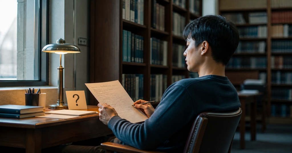 Writer reviewing the first paragraph of a blog post beside a question card