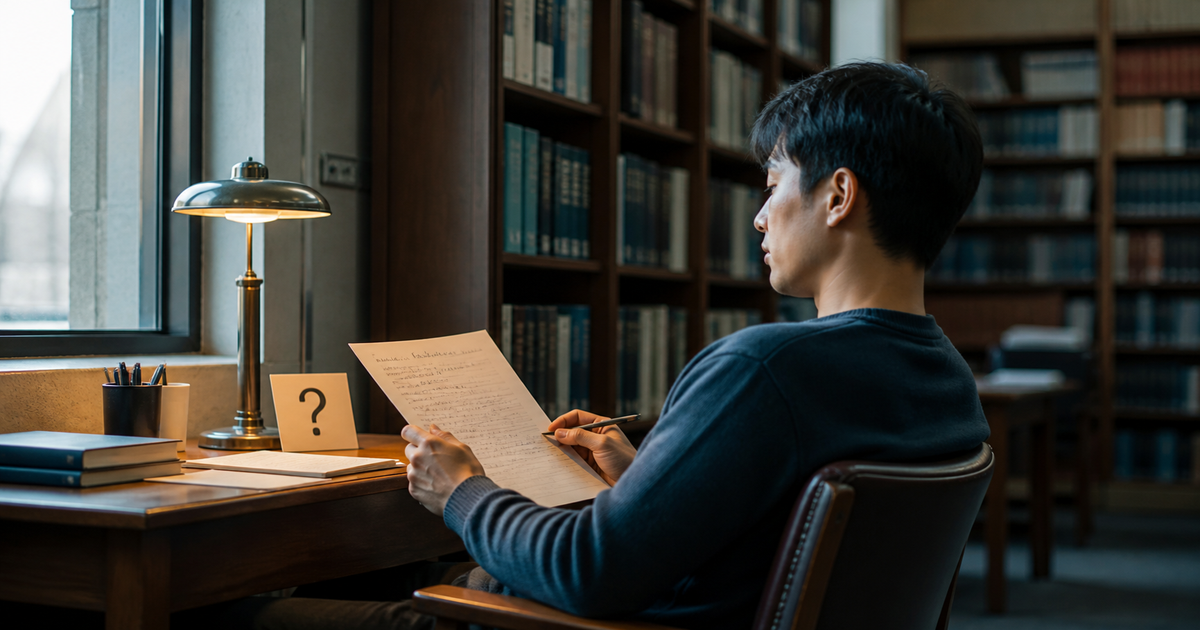 Writer reviewing the first paragraph of a blog post beside a question card