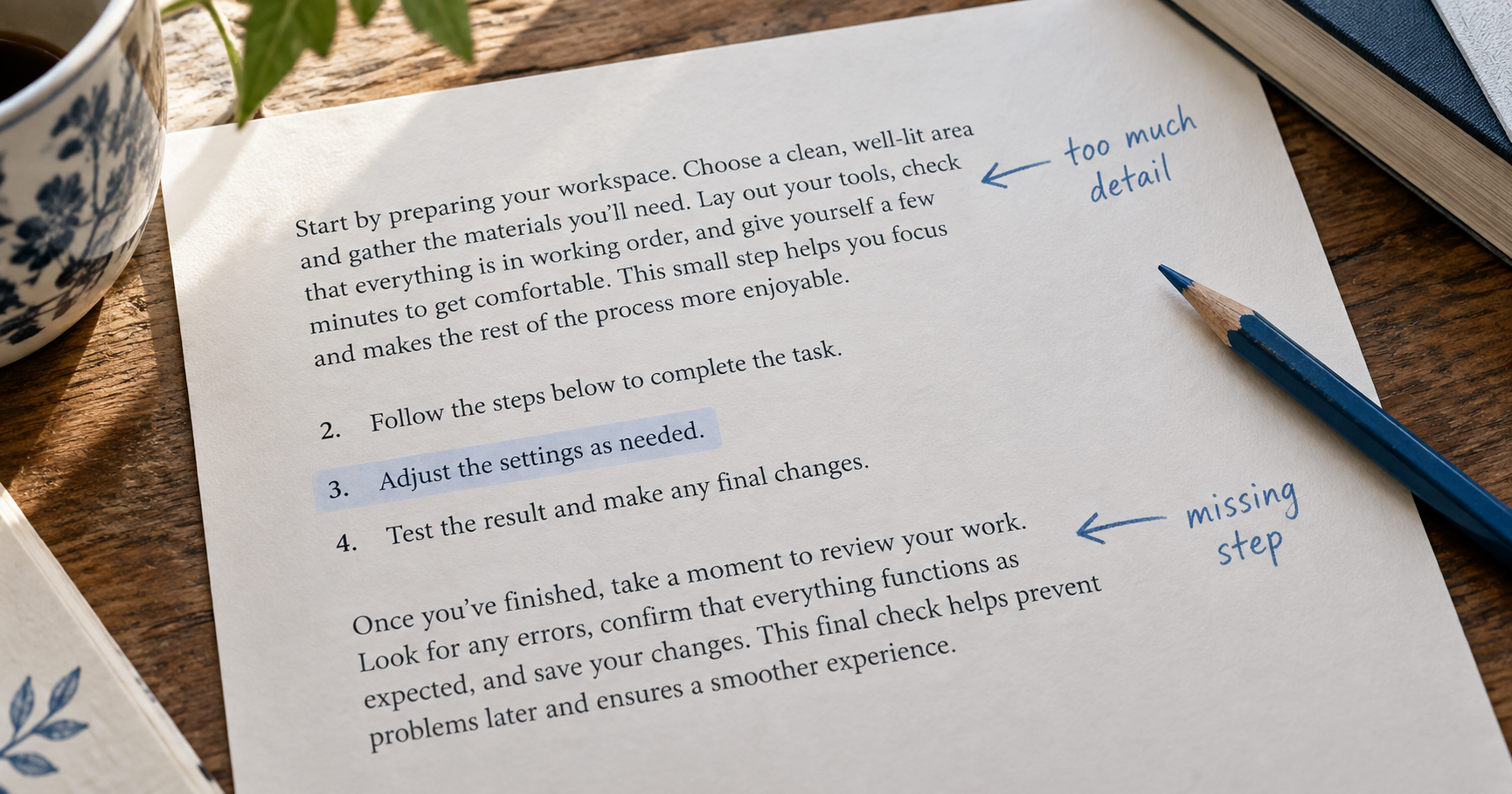A printed draft with margin notes pointing out excessive detail and a missing step.