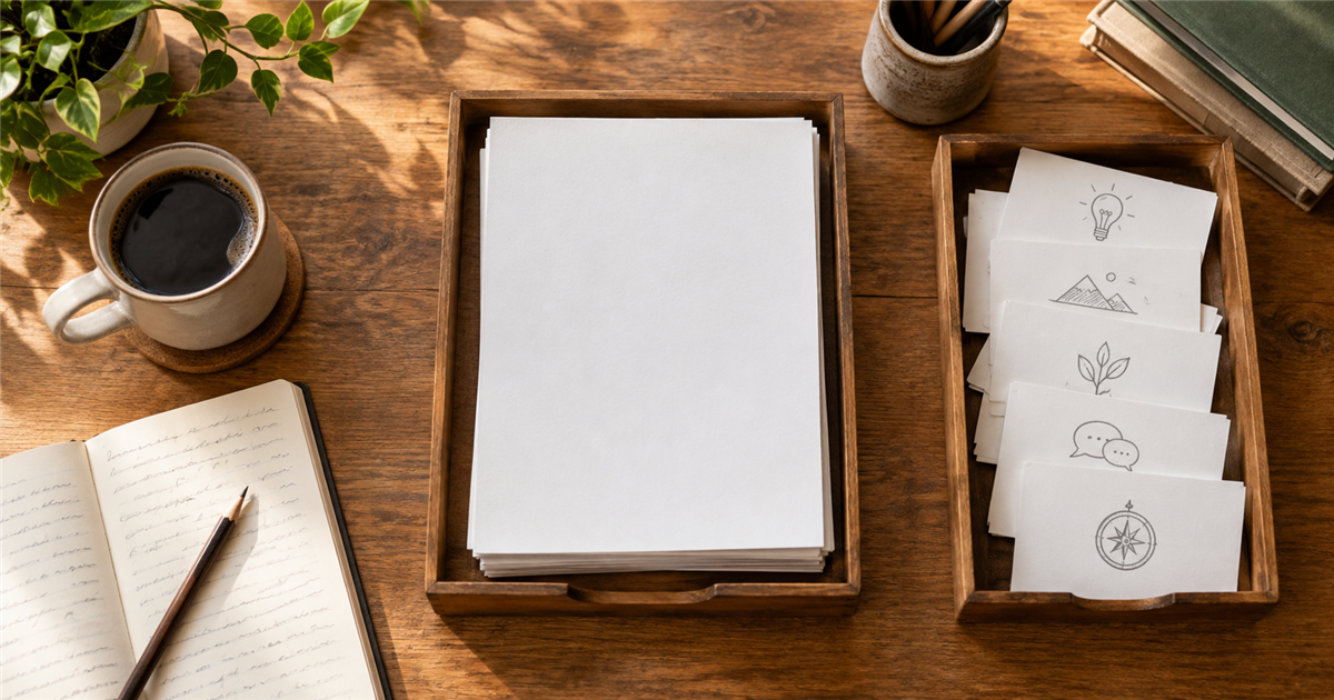 One active manuscript tray beside a separate tray of follow-up idea cards