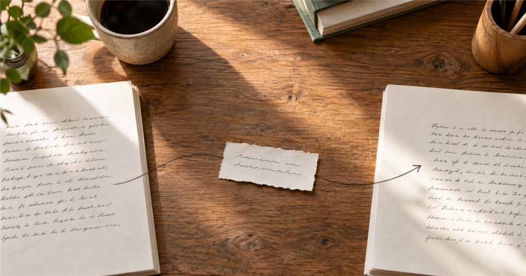 Two manuscript sections connected by a small bridge note and pencil path