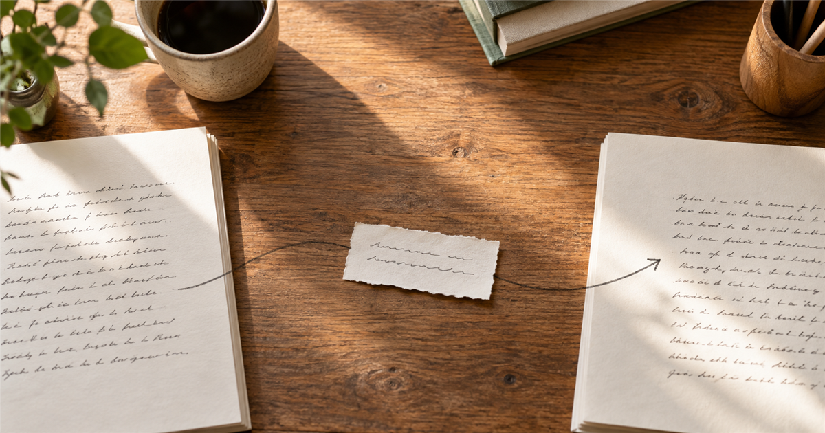 Two manuscript sections connected by a small bridge note and pencil path