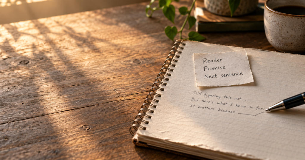 An unfinished notebook draft with a return note naming the reader, promise and next sentence.