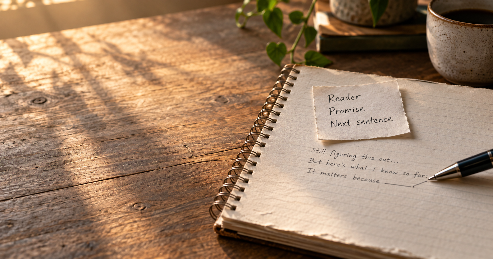 An unfinished notebook draft with a return note naming the reader, promise and next sentence.