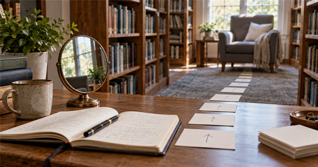 A mirror beside an open notebook with a path of cards leading toward a reader's chair