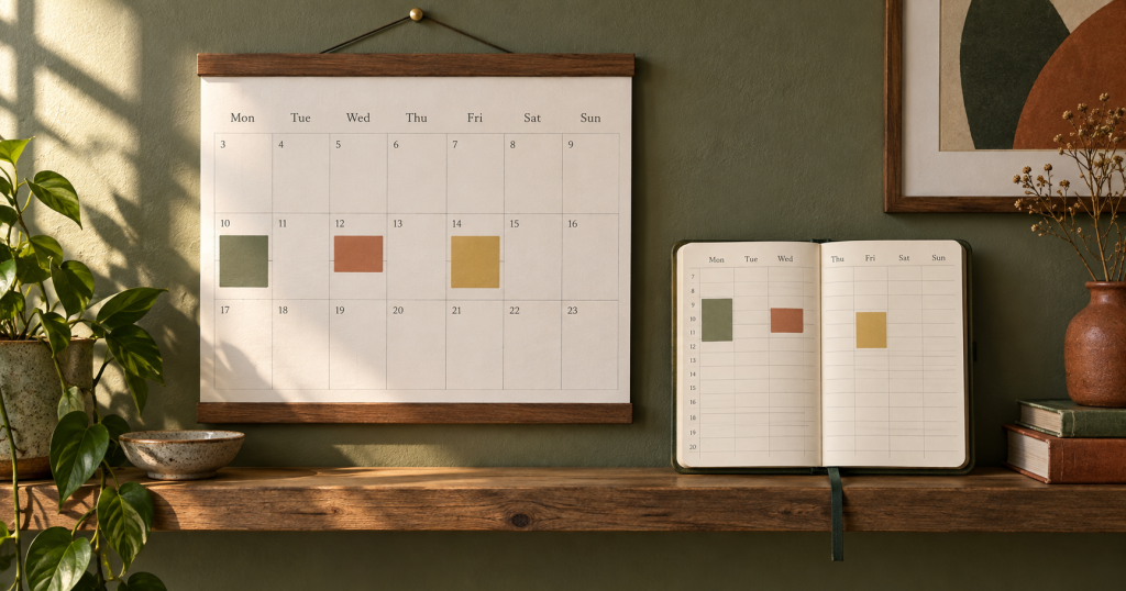 A wall calendar and an open planner representing two ways to organize the same work.
