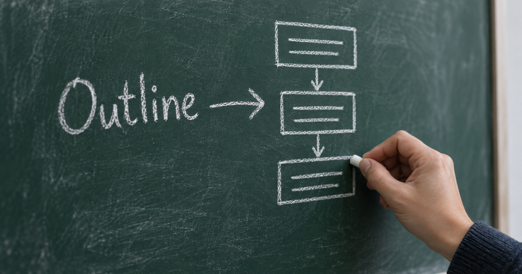 A hand draws three connected blocks beside the word Outline on a chalkboard.