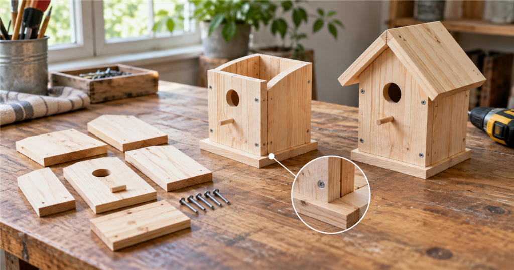 Wooden birdhouse parts shown in loose, partial, and completed stages with an alignment checkpoint