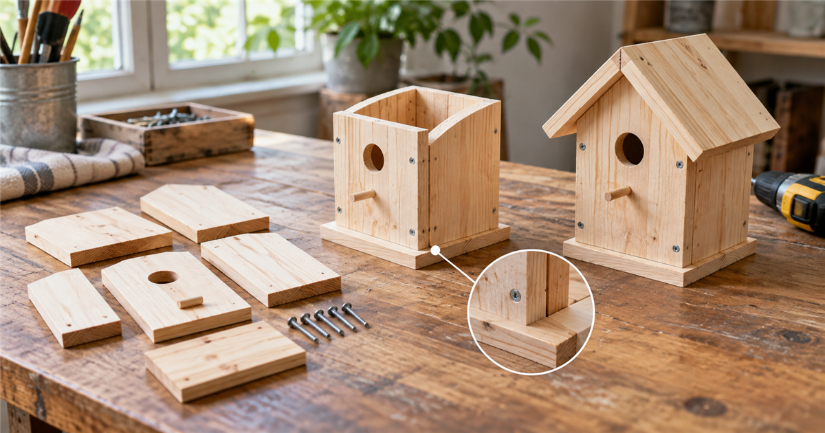 Wooden birdhouse parts shown in loose, partial, and completed stages with an alignment checkpoint