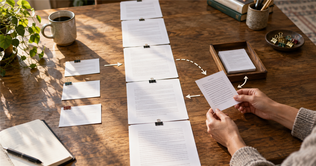 Hands examine one side card beside a clear central manuscript path