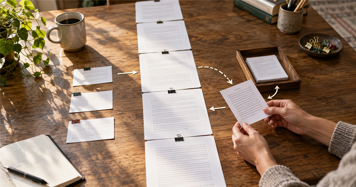 Hands examine one side card beside a clear central manuscript path