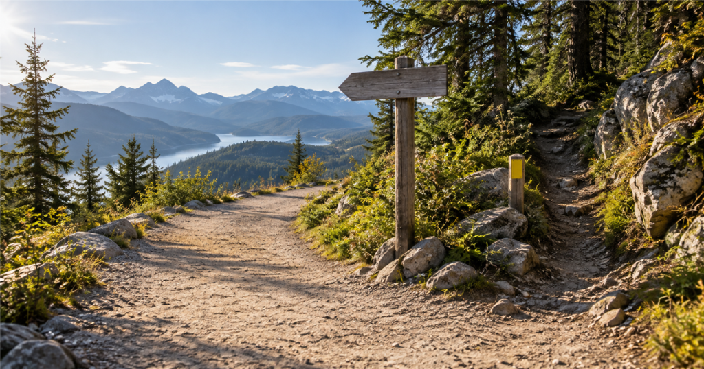 A broad mountain trail beside a smaller edge-condition path marked with a restrained caution marker