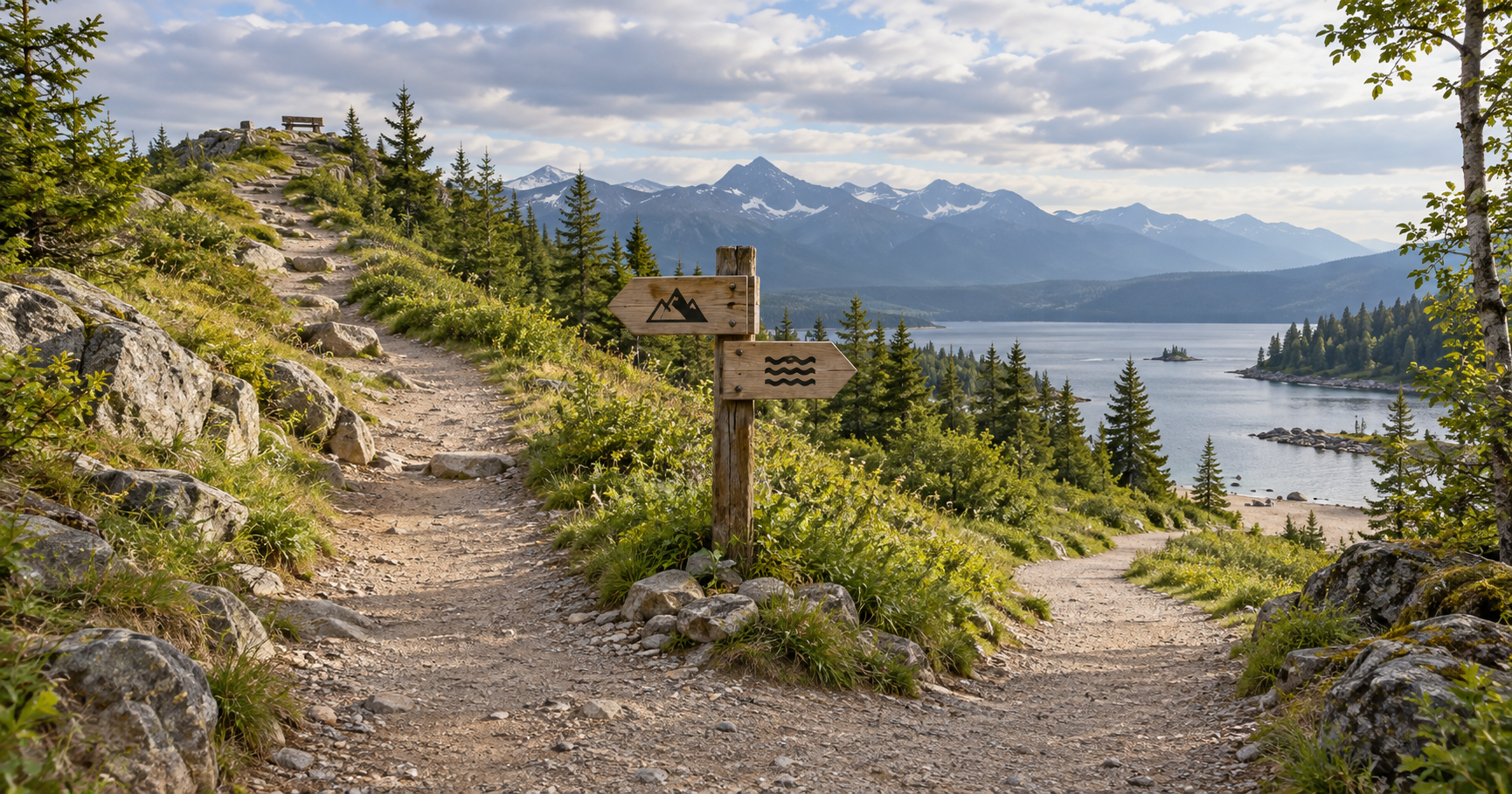 A forked trail with one sign pointing toward mountains and another toward a lake.