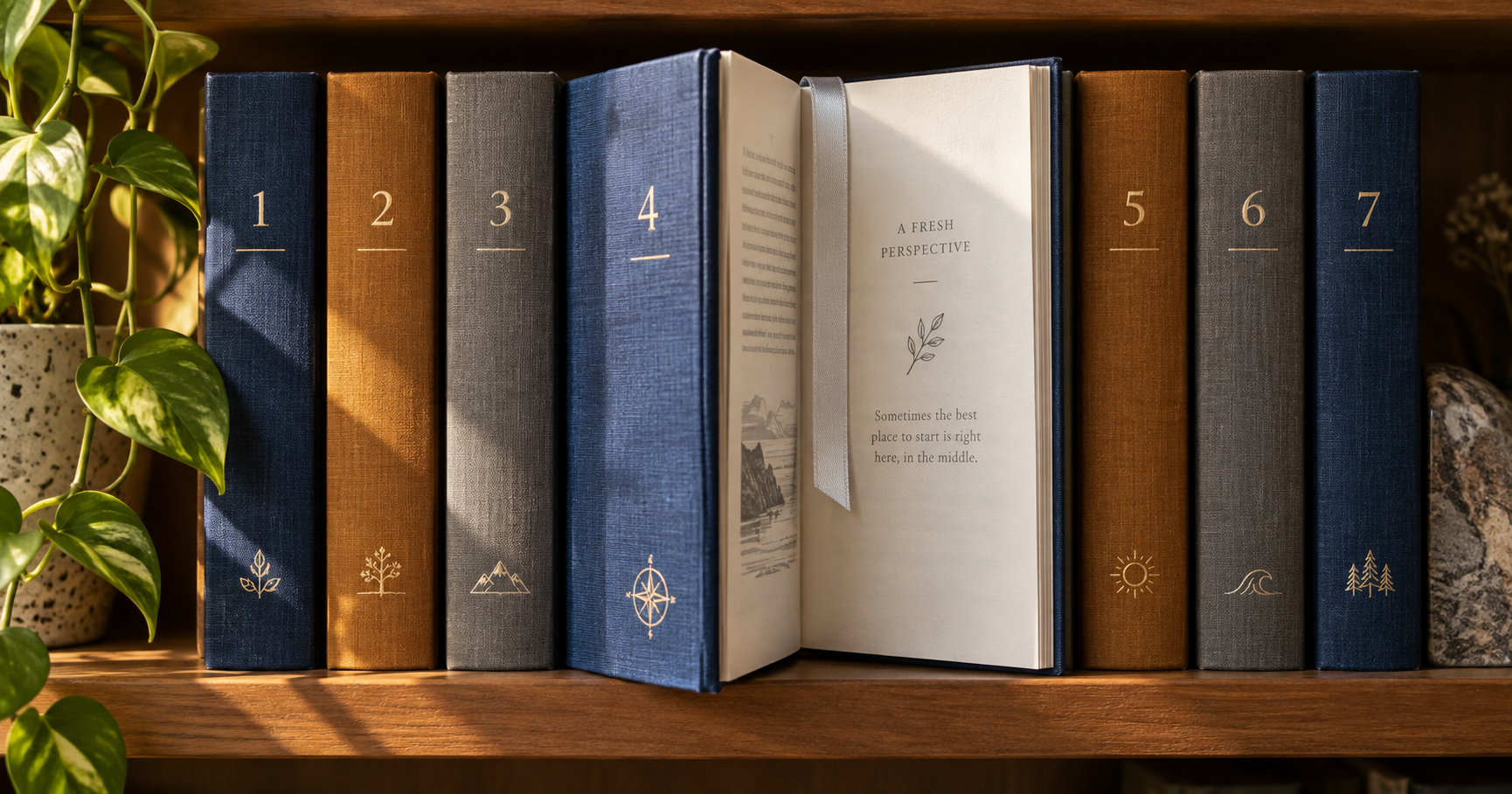 Seven numbered books with the fourth volume open as an entry point into the series.