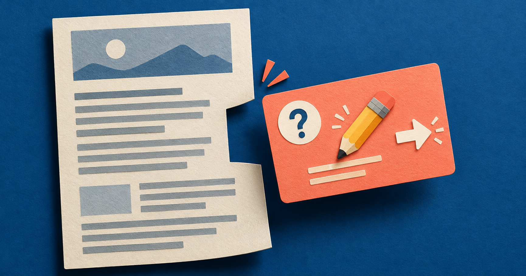 A paper article gives rise to a smaller card with a question mark, pencil and next-step arrow.