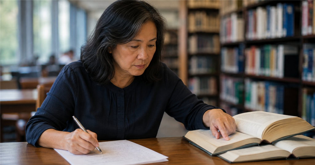A writer checks an open reference book while continuing her own manuscript.