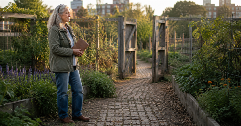 A writer closes a journal beside an open garden gate and a clear path forward.