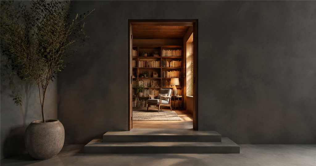 A simple doorway opens into a warm, useful reading room.