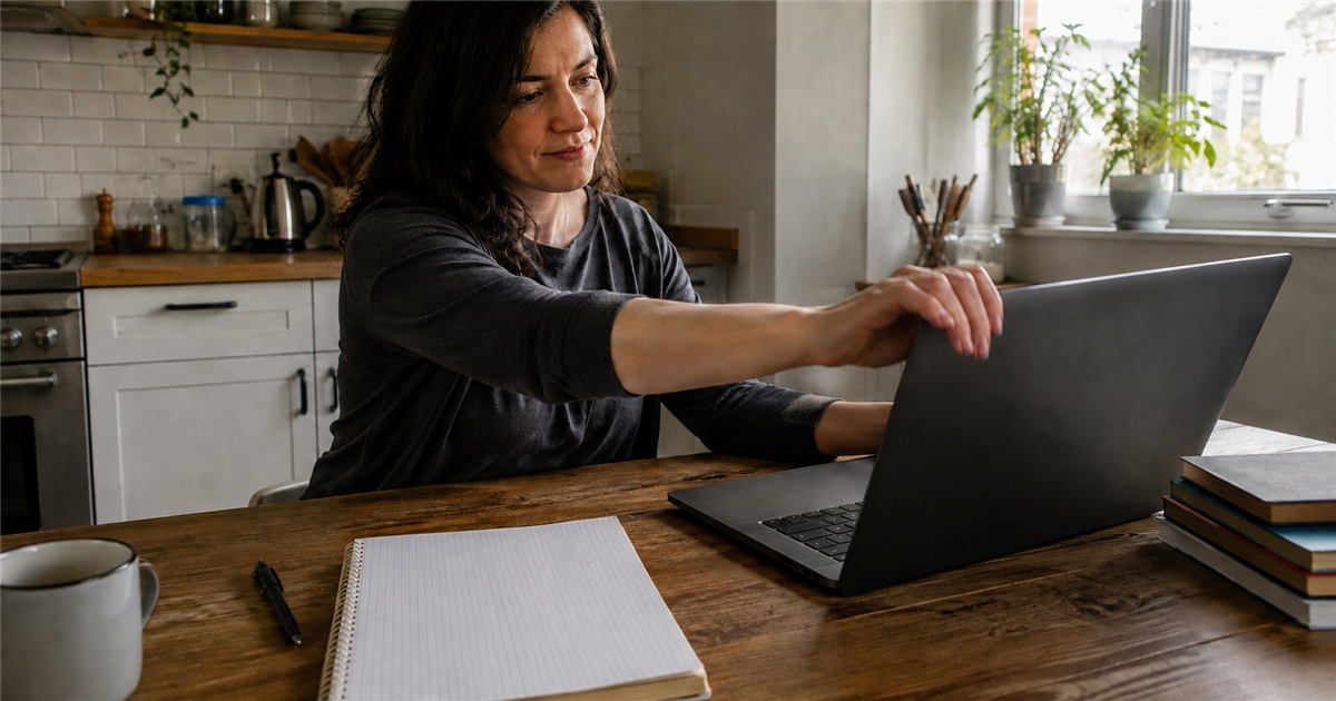 A blogger closes extra browser tabs and focuses on a blank research notebook.