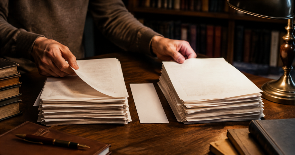 An editor separates one manuscript into two purposeful stacks.